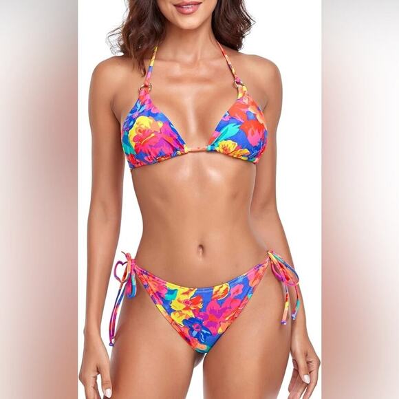 Floral Two Piece Triangle Bikini Set With Gold Details | Colorful Size Large - Picture 1 of 9